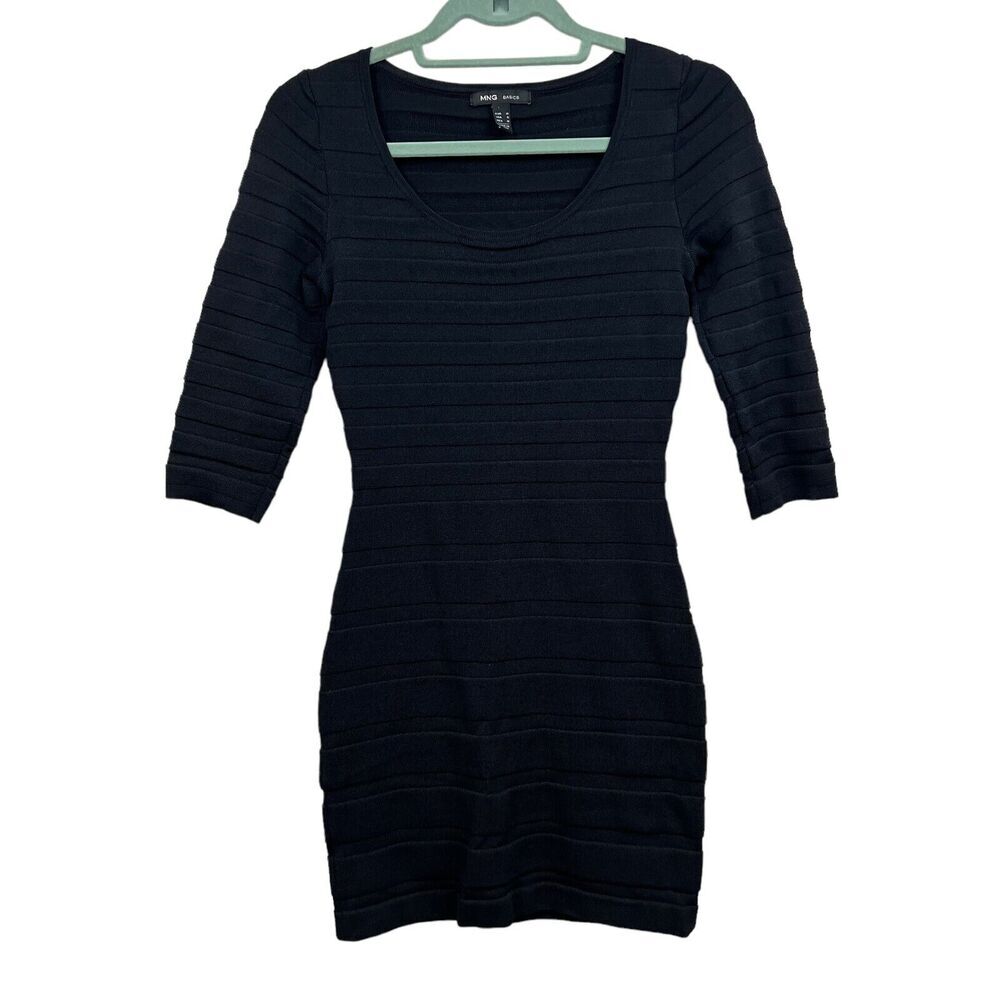 MNG Basics Bodycon Dress Stretch Scoop Neck Ribbed 3/4 Sleeve Black Women Sz S*